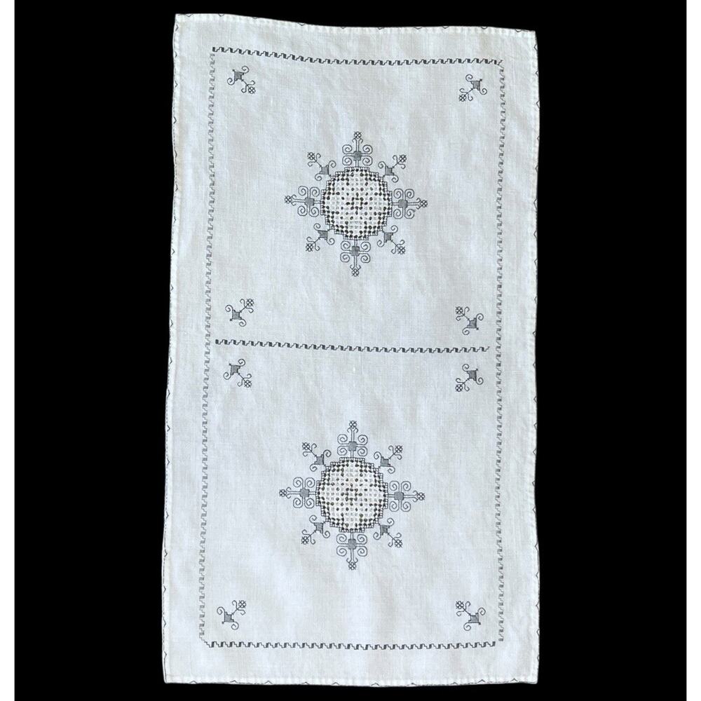 Hand Embroidered White Linen Mat Short Table Runner Gray Thread Work 16x28